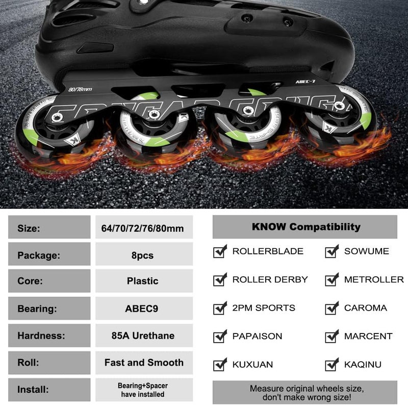 Kutrick 8 Pack Inline Skate Wheels 64mm, 70mm, 72mm, 76mm, 80mm - ABEC9 Bearing - 85A Durometer PU - Compatible with Rollerblade, Roller Derby, K2 Skate - Image 5